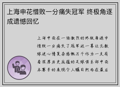 上海申花惜败一分痛失冠军 终极角逐成遗憾回忆
